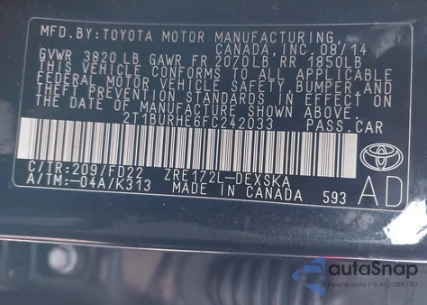 2015 Toyota Corolla S Plus z USA, uszkodzony, nr VIN 2T1BURHE6FC242033